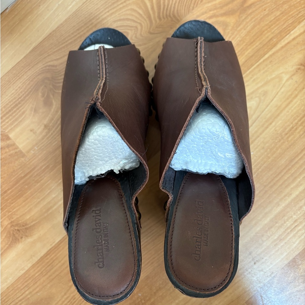 Charles David Brown Leather Platform Clogs with Studs - Picture 8 of 12